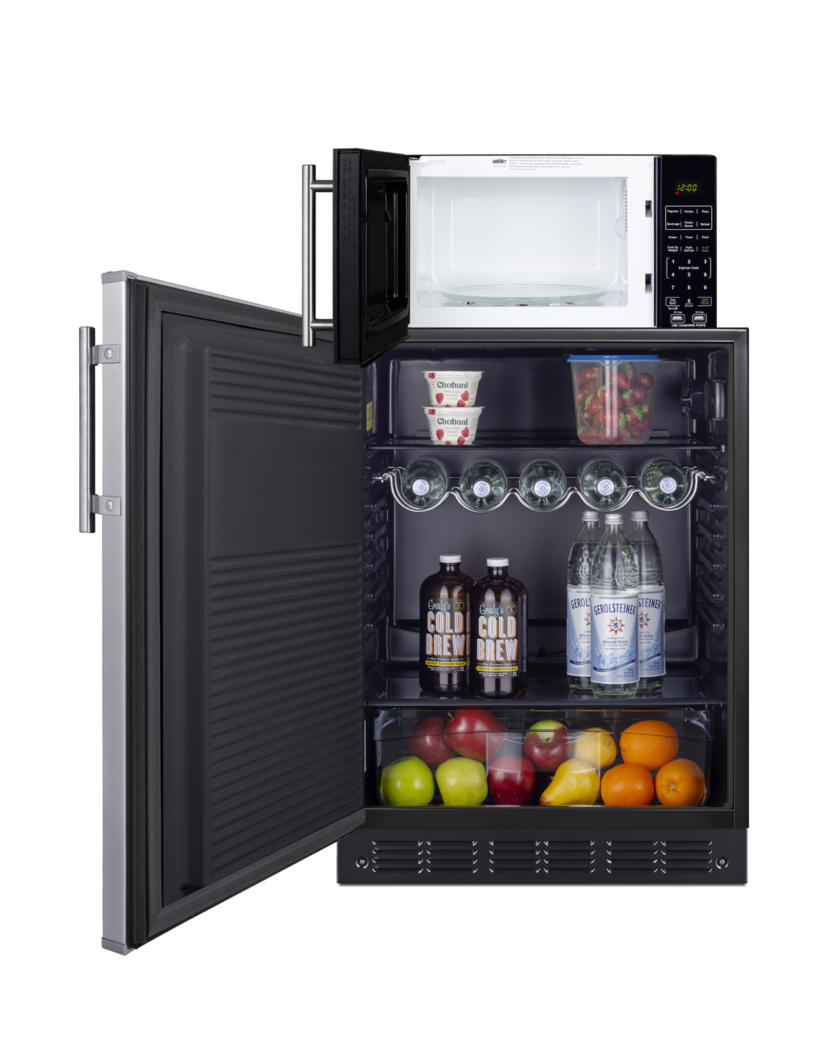 Counter height all-refrigerator with stainless steel door and compact microwave in black with allocator and USB ports for 1-plug operation; ships in three boxes on one pallet